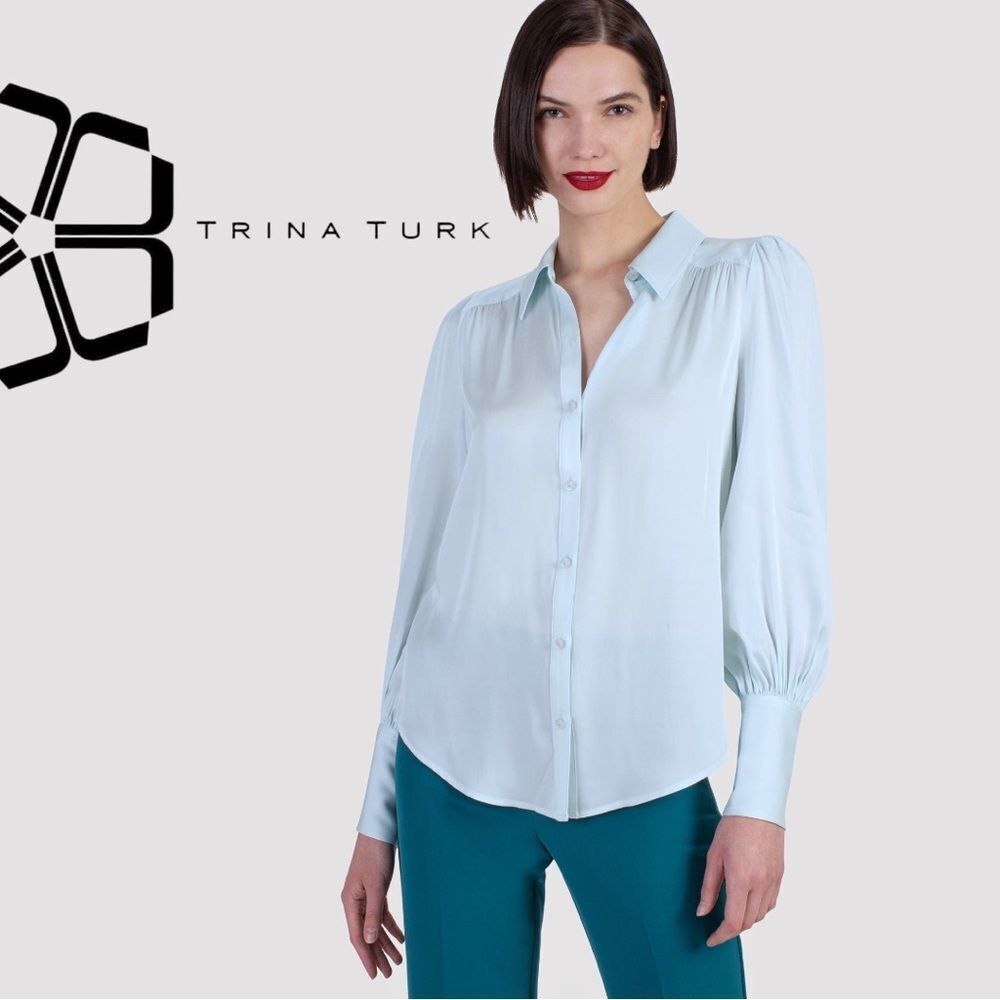 Trina Turk **NWT** Sagittarius Ruched Bishop-Sleeve Top in Blue Frost